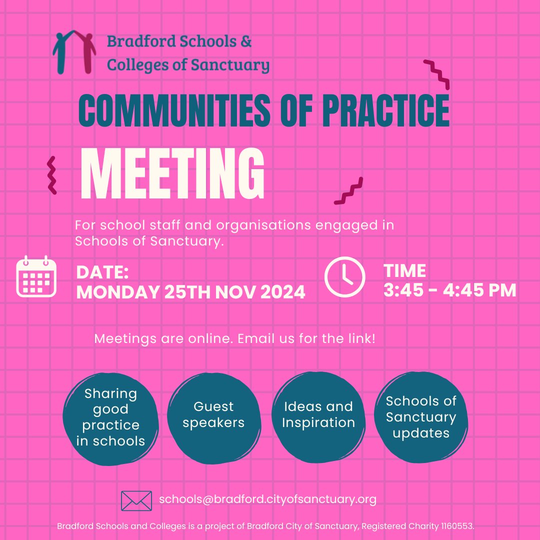 Bradford Schools and Colleges of Sanctuary (@bradford_sos) on Twitter photo A reminder that our Communities of Practice meeting is TONIGHT at 3:45-4:45pm. Come and hear from teachers, Bradford 2025, Schools of Sanctuary...and celebrate our two newly award Bradford schools! 🥳 Email schools@bradford.cityofsanctuary.org for the Zoom link. A reminder that our Communities of Practice meeting is TONIGHT at 3:45-4:45pm. Come and hear from teachers, Bradford 2025, Schools of Sanctuary...and celebrate our two newly award Bradford schools! 🥳 Email schools@bradford.cityofsanctuary.org for the Zoom link.