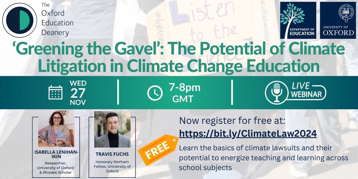 📢 Last few places remaining for this free webinar on climate change education on 27 Nov at 7pm!

Join <a href="/tthfuchs/">Travis T. Fuchs (he/him)</a> and <a href="/i_lenihan_ikin/">Isabella Lenihan-Ikin | (she/her)</a> to learn the basics of climate lawsuits and their potential to energise teaching and learning across school subjects. #OxEdDeanery

Link to