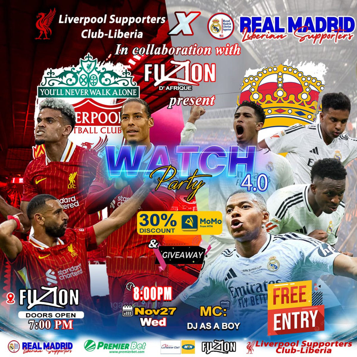 SupportersLIB's tweet photo. Big Show! Big Show!! Big Show!!!

@premierleague leader, @LFC vs the 15-time CL winner, @realmadrid, will go head-to-head in the Champions League on Wednesday at 8 PM at the famous Anfield.

Fellow Madridistas, kindly join us for another great WATCH PARTY at Fuzion D'Afrique. https://t.co/VzZTXxdNDi
