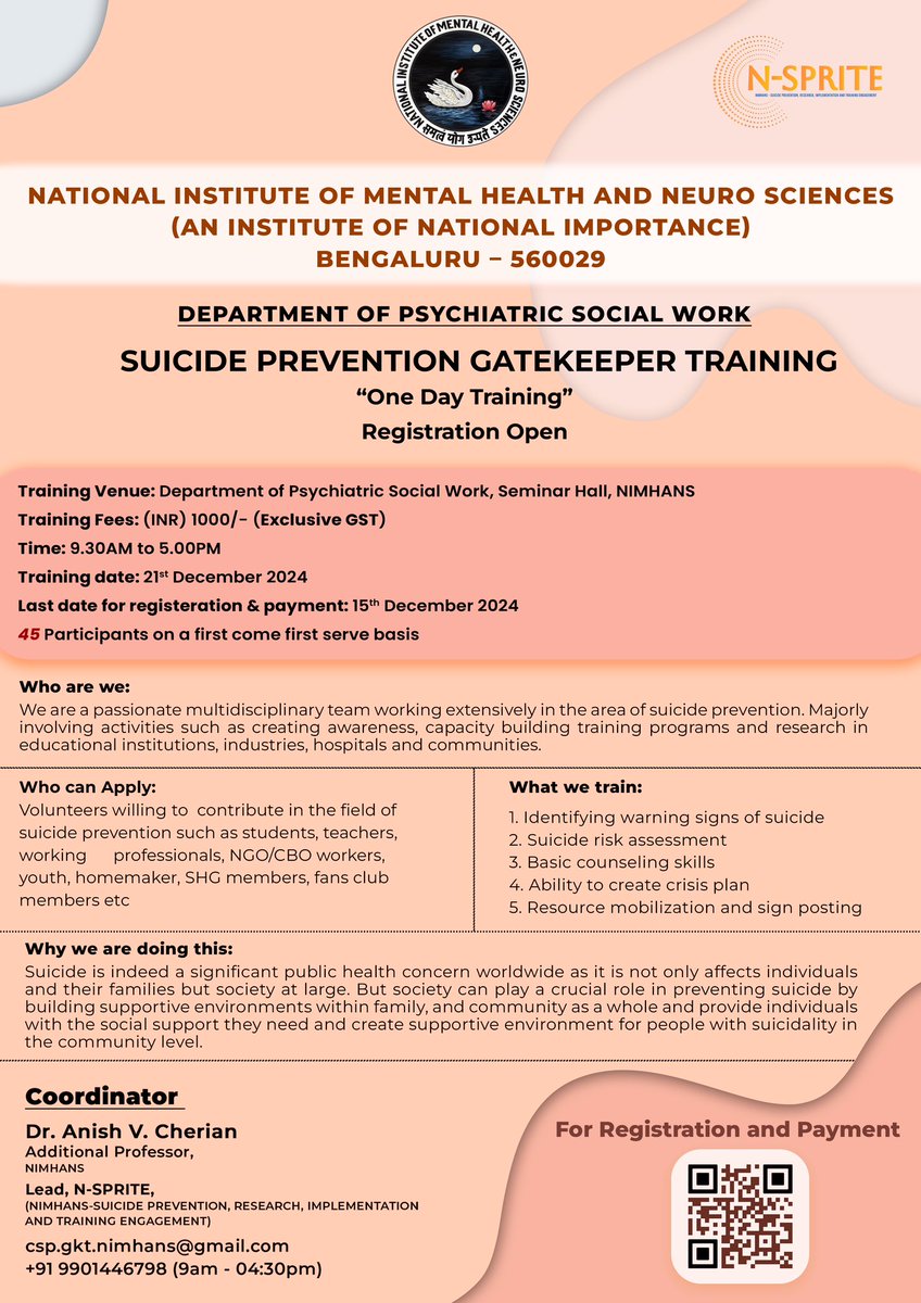 Dr. Anish V Cherian (@anishvcherian) on Twitter photo Join us for the Suicide Prevention Gatekeeper Training under N-SPRITE by <a href="/NIMHANS_BLR/">NIMHANS, Bengaluru</a> !
Learn to identify warning signs, intervene, and save lives. Open to all passionate about mental health.
#SuicidePrevention
#NSPRITE Join us for the Suicide Prevention Gatekeeper Training under N-SPRITE by <a href="/NIMHANS_BLR/">NIMHANS, Bengaluru</a> !
Learn to identify warning signs, intervene, and save lives. Open to all passionate about mental health.
#SuicidePrevention
#NSPRITE