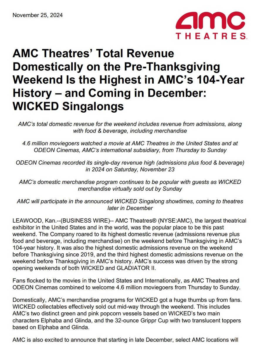 simuAPE's tweet image. #AMC Theatres’ Total Revenue Domestically on the Pre-Thanksgiving Weekend Is the Highest in $AMC’s 104-Year History – and Coming in December: #WickedMovie Singalongs

Wow!
