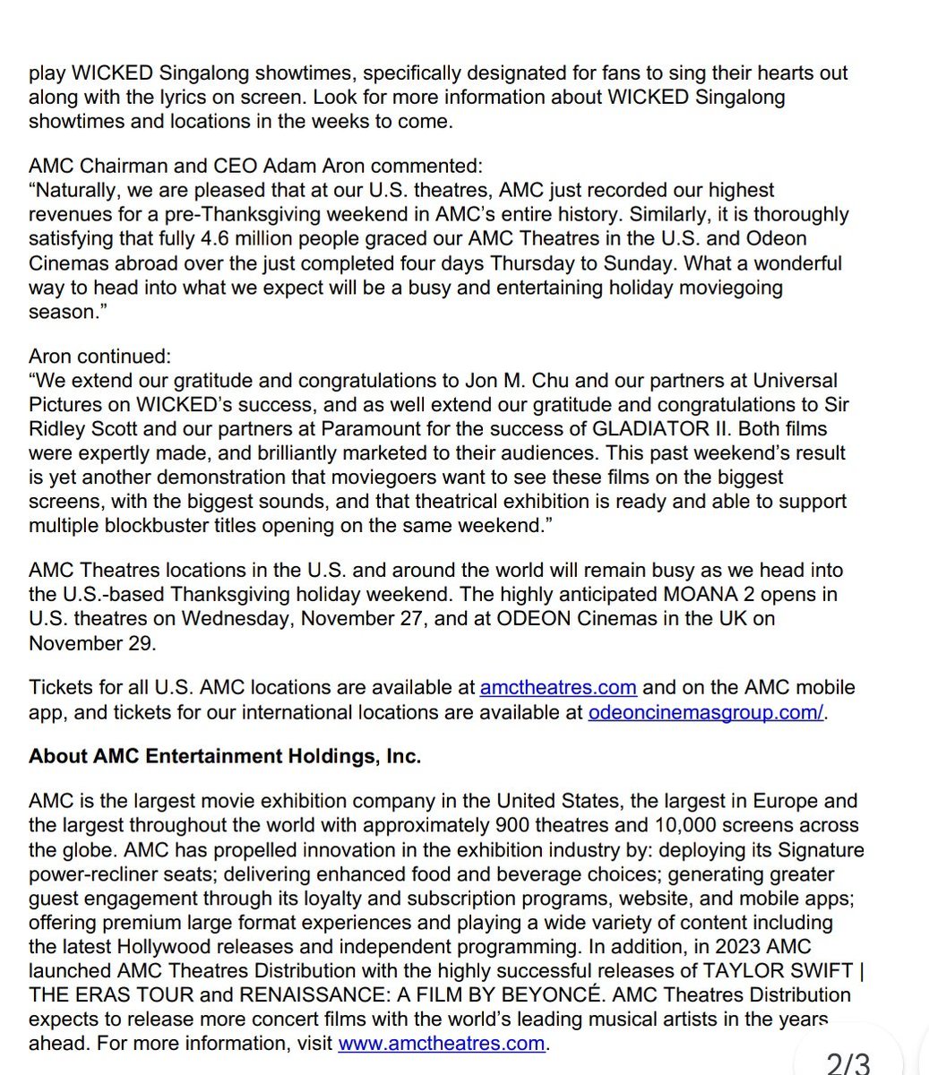 simuAPE's tweet image. #AMC Theatres’ Total Revenue Domestically on the Pre-Thanksgiving Weekend Is the Highest in $AMC’s 104-Year History – and Coming in December: #WickedMovie Singalongs

Wow!