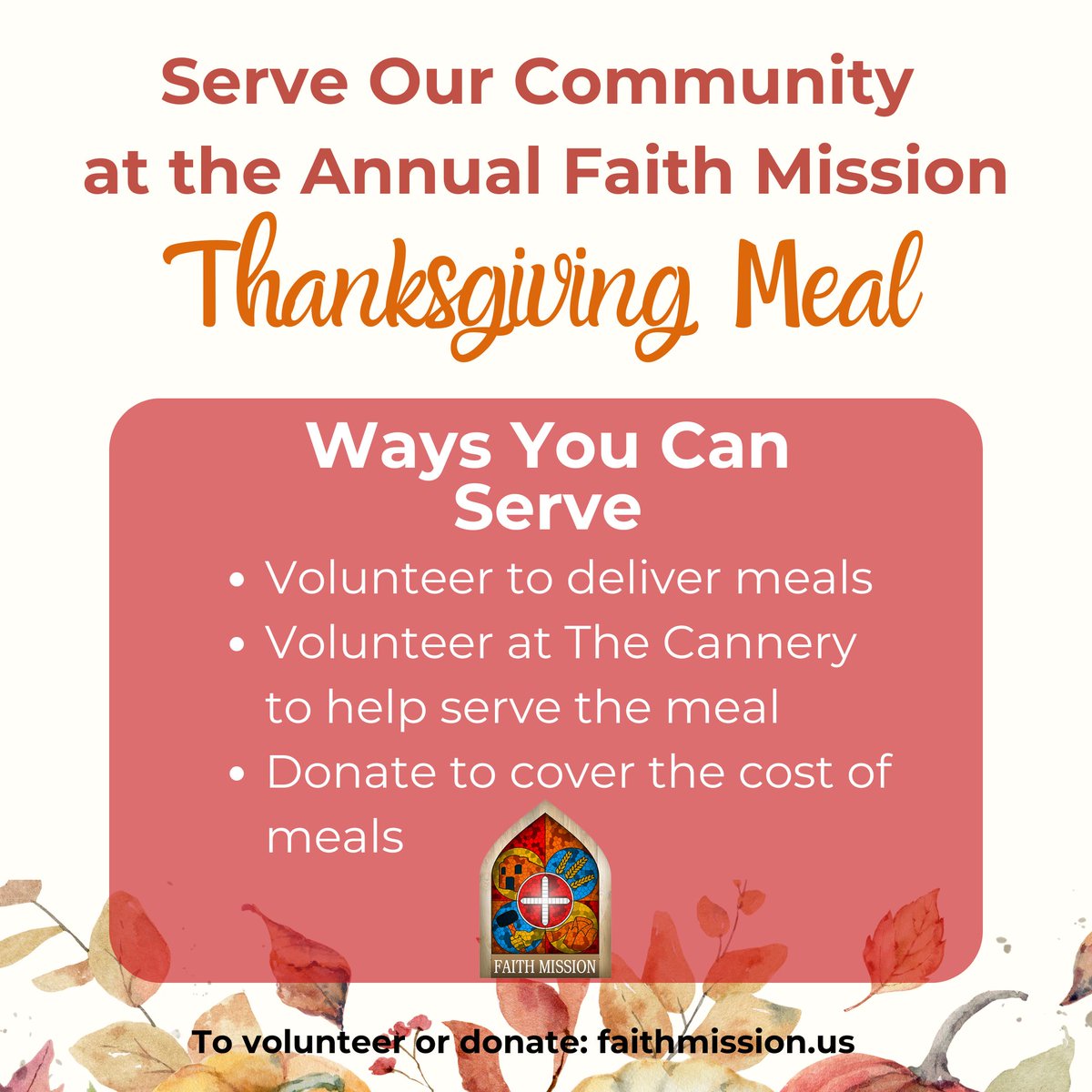 Join us this Thanksgiving at The Cannery Kitchen! 🦃🍂

If you can help in any way, please visit our website: zurl.co/TmFB
Normal business hours will be the same for the rest of the week.

#FaithMissionBrenham #ThanksgivingLunch #CommunitySupport #GivingThanks