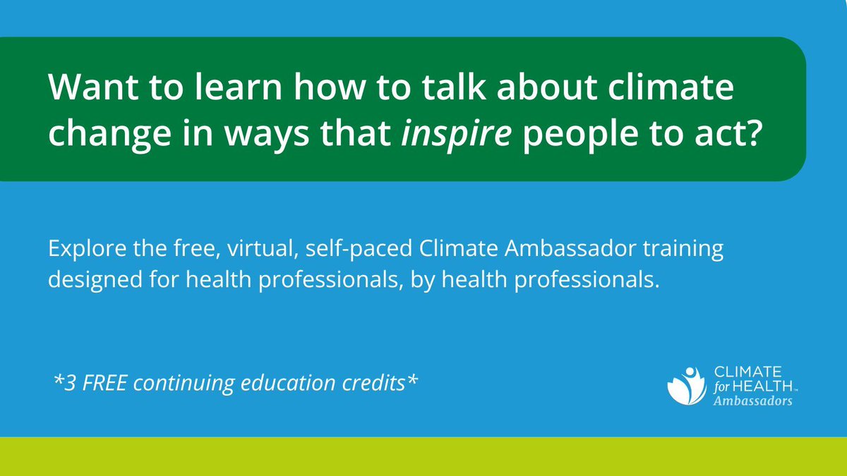 Step Up for Sustainability! 🌿 Join our Climate Ambassador Training and turn your eco-passion into action. This FREE, flexible course will prepare you to speak on climate change’s health impacts. Qualifies for 3 CE credits! Join today! #ClimateLeadership buff.ly/3N4dcQT