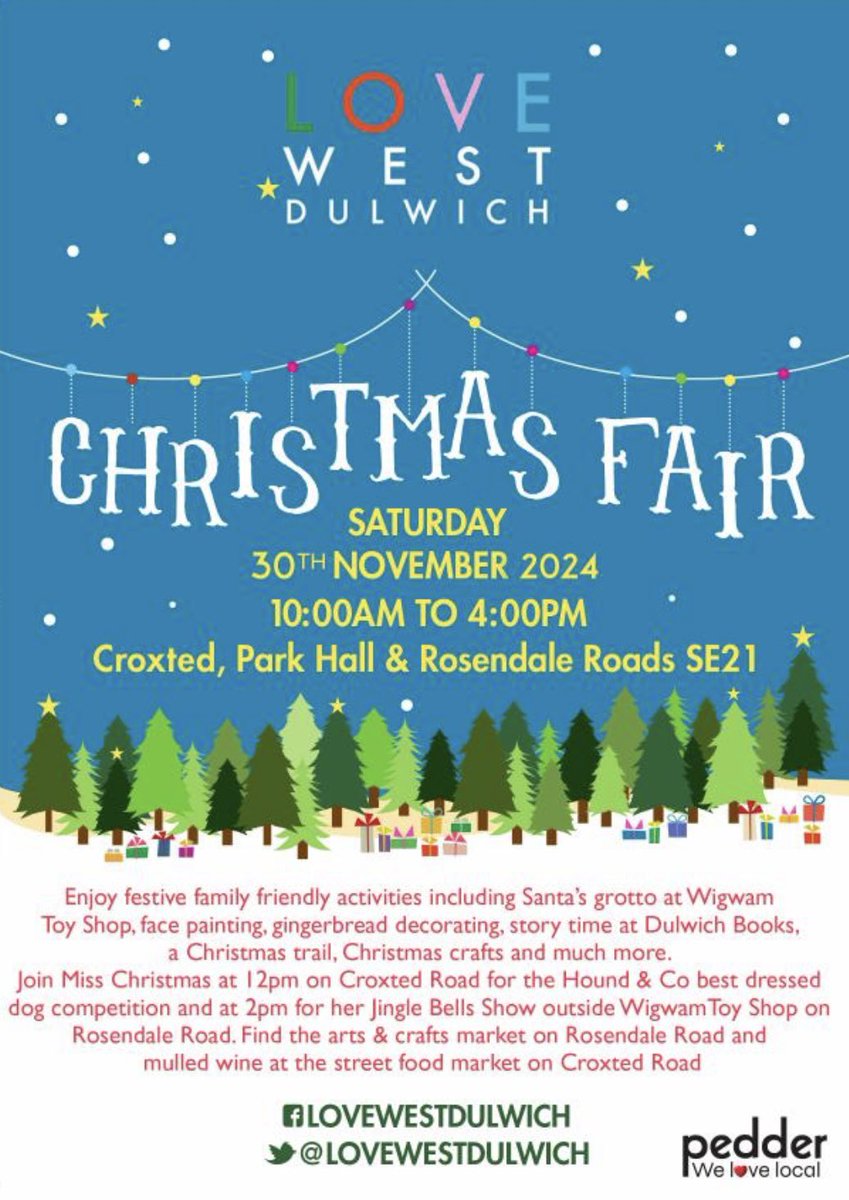 It’s our Love West Dulwich Christmas Fair this Saturday 30 November. Taking place throughout West Dulwich on Croxted, Rosendale and Park Hall Roads. Please come and support our wonderful local community, thank you 💫 
#lovewestdulwich 
#dulwich
#se21
