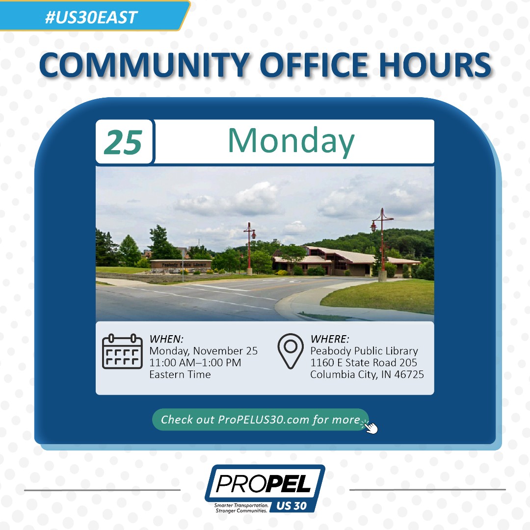 PropelUS30's tweet photo. Do you have any comments or questions about the Draft Level 3 Screening Report? Today, Monday, November 25, we are hosting Community Office Hours at Peabody Public Library in #ColumbiaCity from 11 a.m. to 1 p.m. ET! Join us to chat about the report. https://t.co/mCbko7ao5w