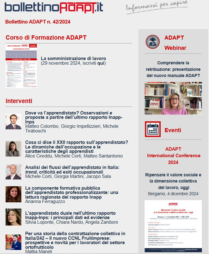 🆕#BollettinoADAPT n. 42/2024

#apprendistato #retribuzione #gendergap #ADAPTconference2024 #appalti #bonusNatale #somministrazione #salariominimo #smartworking #caporalato

➡️Leggi qui: mailchi.mp/adapt/bolletti…

✍️Iscriviti alla newsletter: bollettinoadapt.us3.list-manage.com/subscribe?u=47…