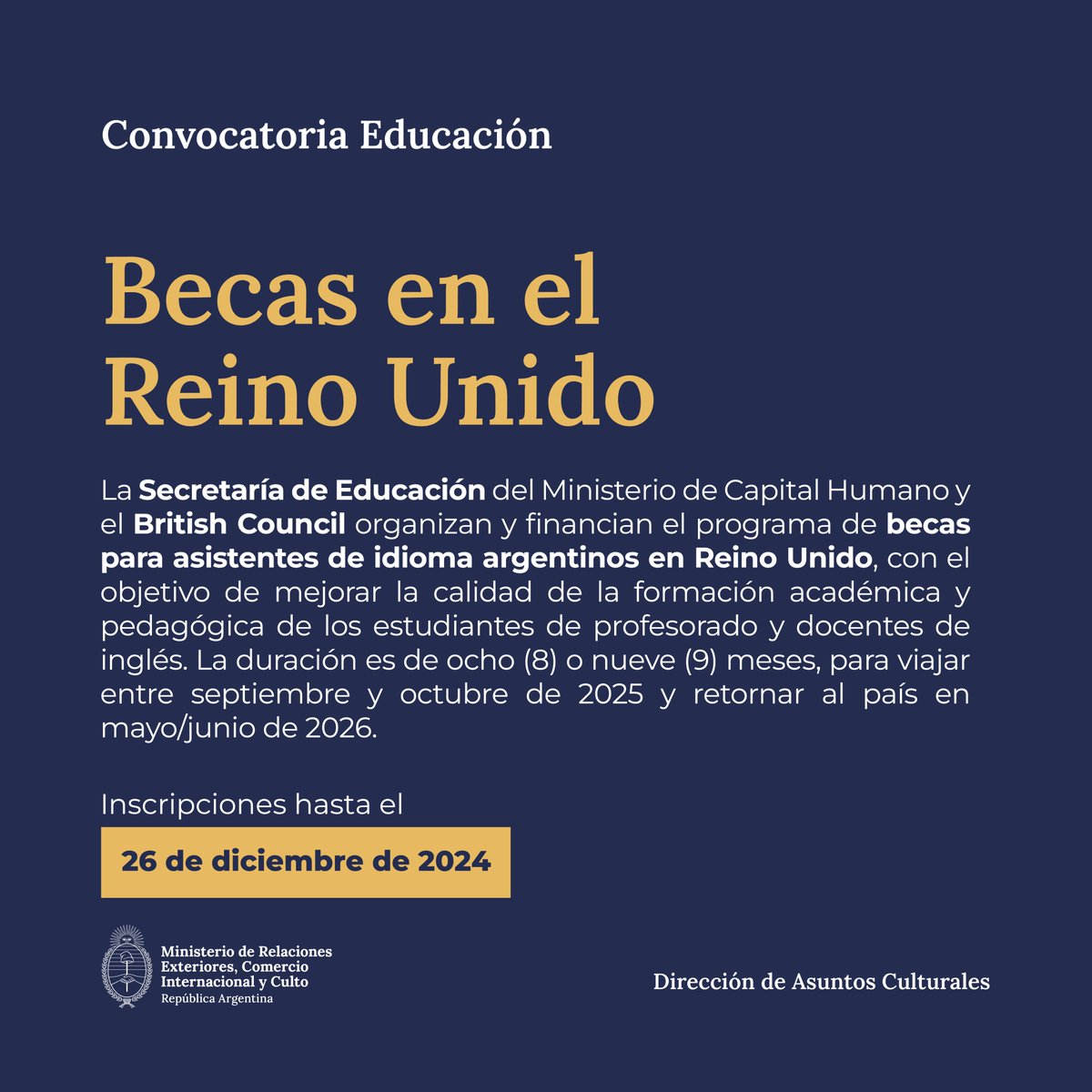 culturalesarg's tweet photo. CONVOCATORIA 📢 #Educación
Becas del @MinCapHum_Ar y el @arBritish. 
📆 Del 12 de noviembre al 26 de diciembre de 2024
✉️ Consultas: adis.becas@educacion.gob.ar
👉 Más info en: https://t.co/t7F9lTiJpx https://t.co/iAp5cBwmqV