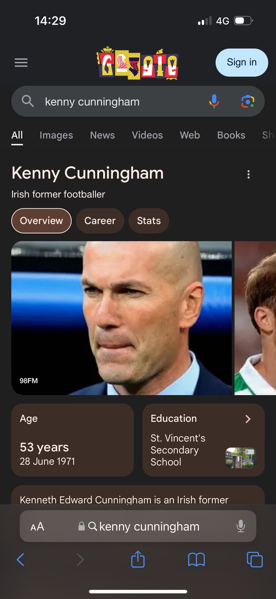 On the same flight as Kenny Cunningham. It turns out, when you google him, the first picture is of Zinedine Zidane.