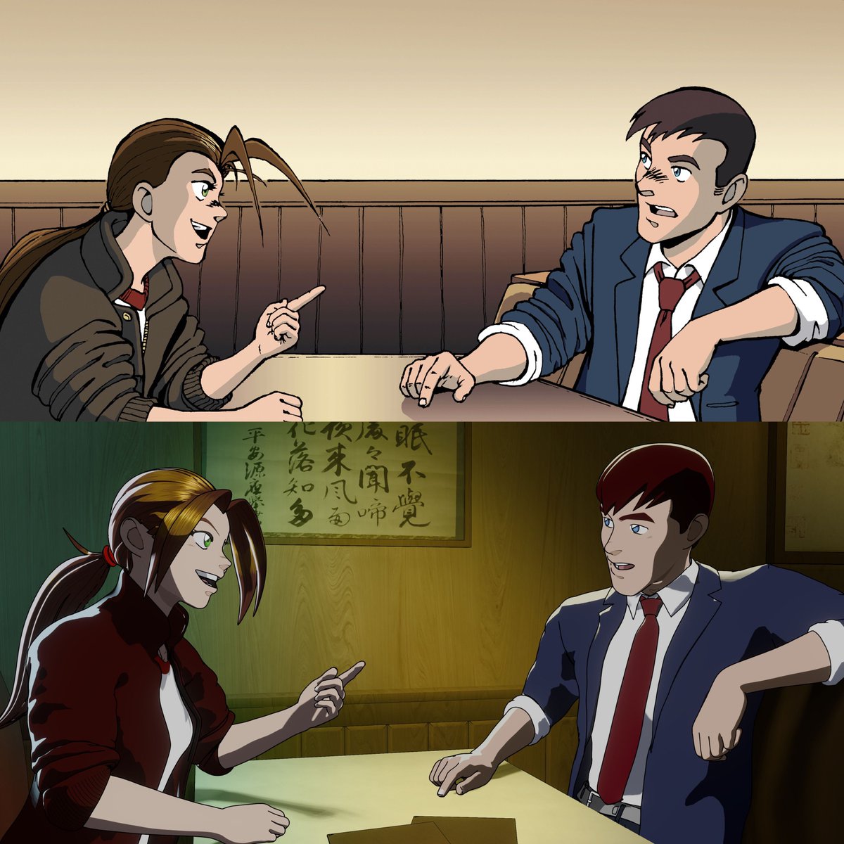 And... We're BACK!!! Does anyone remember when I showed the empty shots of the restaurant with the comic side by side? Well, now we have test shots of Kate and Mike! It's all coming together. #animatedshortfilm #mangavsanime