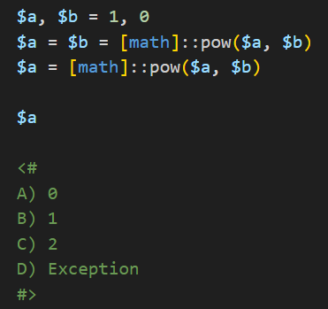dfinke's tweet image. PowerShell Question / Quiz
What is the output of the following #PowerShell code, and why?
Comment your answers below! 👇🏻
#powershell #powershellquiz #developer #scripter