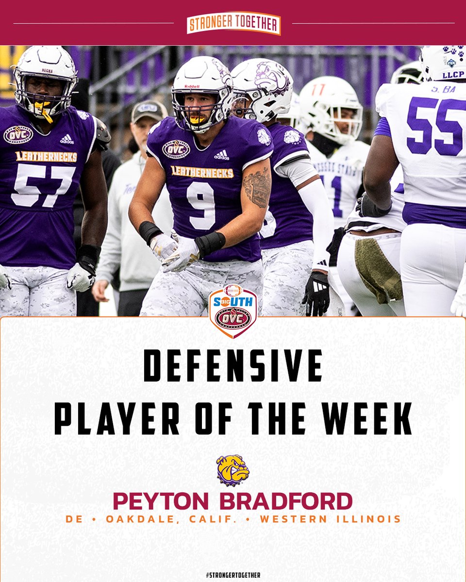After registering 3⃣ sacks and forcing a fumble that led to a touchdown, <a href="/WIUFootball/">Western Illinois Football</a>'s Peyton Bradford (<a href="/PeytonBradford4/">Peyton Bradford</a>) is the #BigSouthOVCFB Defensive Player of the Week!