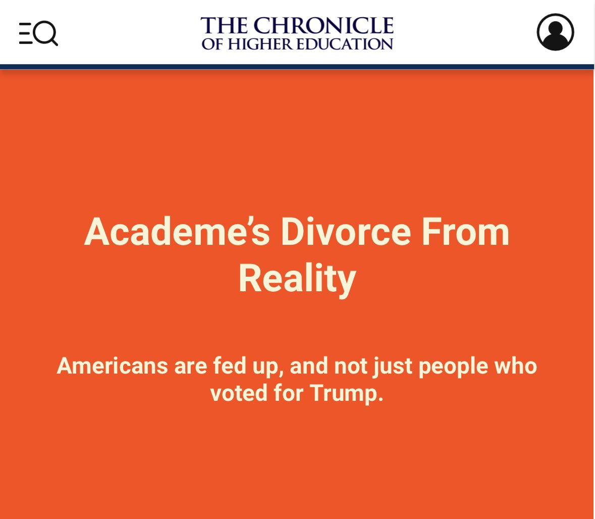 Steve McGuire (@sfmcguire79) on Twitter photo “The politics of the academy have been defeated.”
“This was already evident before November 5. It can now no longer be denied.”
And yet many academics will deny it.
🧵
<a href="/WDeresiewicz/">William Deresiewicz</a> “The politics of the academy have been defeated.”
“This was already evident before November 5. It can now no longer be denied.”
And yet many academics will deny it.
🧵
<a href="/WDeresiewicz/">William Deresiewicz</a>