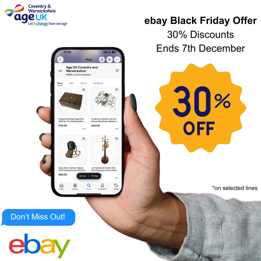Black Friday Deals on our ebay shop! 💻

Take advantage of 30% discounts on selected lines until 7th December 2024. 

Shop now: ebay.co.uk/str/ageukcic

#ageuk #charityshop #BlackFridayDeals #blackfriday2024