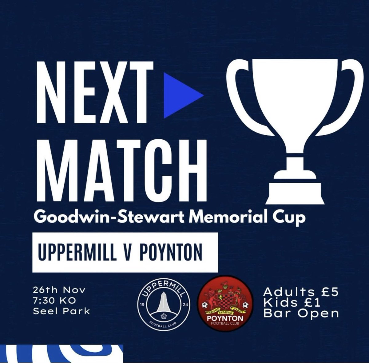 Uppermill FC (@uppermill_fc) on Twitter photo Anyone for a Cup Final? ๐
Uppermill will play <a href="/PoyntonFC/">Poynton FC</a> in the Goodwin-Stewart Memorial Cup tomorrow night at Seel Park๐โฝ๏ธ
๐๏ธ Adults ยฃ5 Kids ยฃ1
โฐ 19:30pm kick off
Food and drink available ๐ฒ ๐ฅค
Bar open ๐บ Anyone for a Cup Final? ๐
Uppermill will play <a href="/PoyntonFC/">Poynton FC</a> in the Goodwin-Stewart Memorial Cup tomorrow night at Seel Park๐โฝ๏ธ
๐๏ธ Adults ยฃ5 Kids ยฃ1
โฐ 19:30pm kick off
Food and drink available ๐ฒ ๐ฅค
Bar open ๐บ