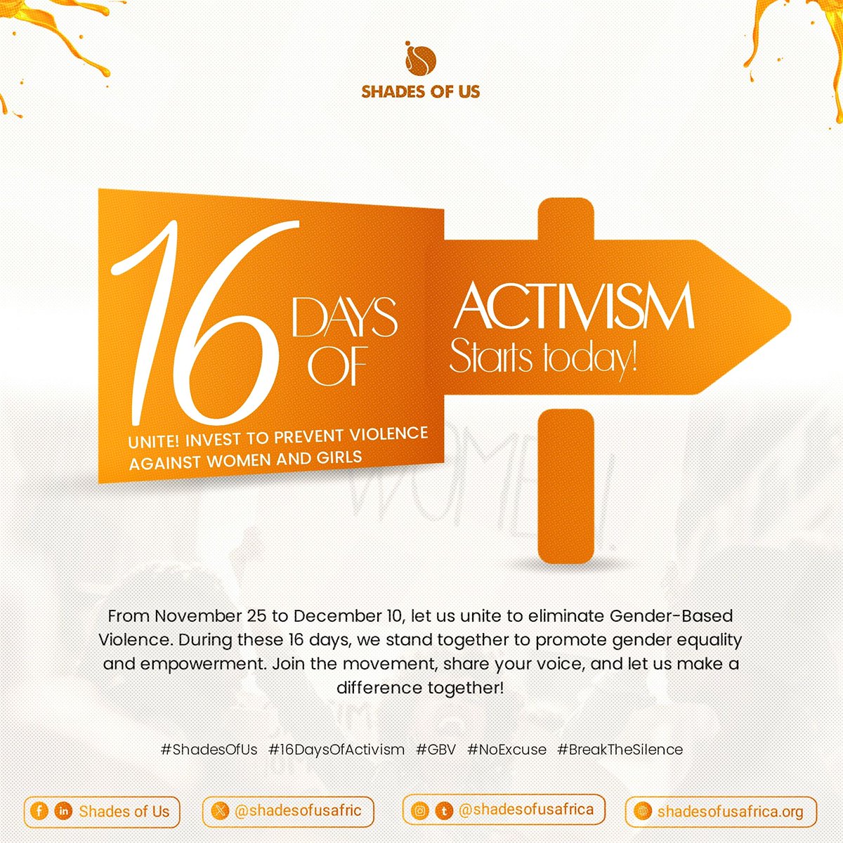 Edoradographics's tweet image. 16 Days of Activism 

Let us break the silence, shatter the stigma, and create a world where everyone can live free from violence and discrimination! 

@ Shades of Us 
@shadesofusafric
@shadesofusafrica

#ShadesOfUs 
#16DaysOfActivism
#GBV
#NoExcuse
#BreakTheSilence