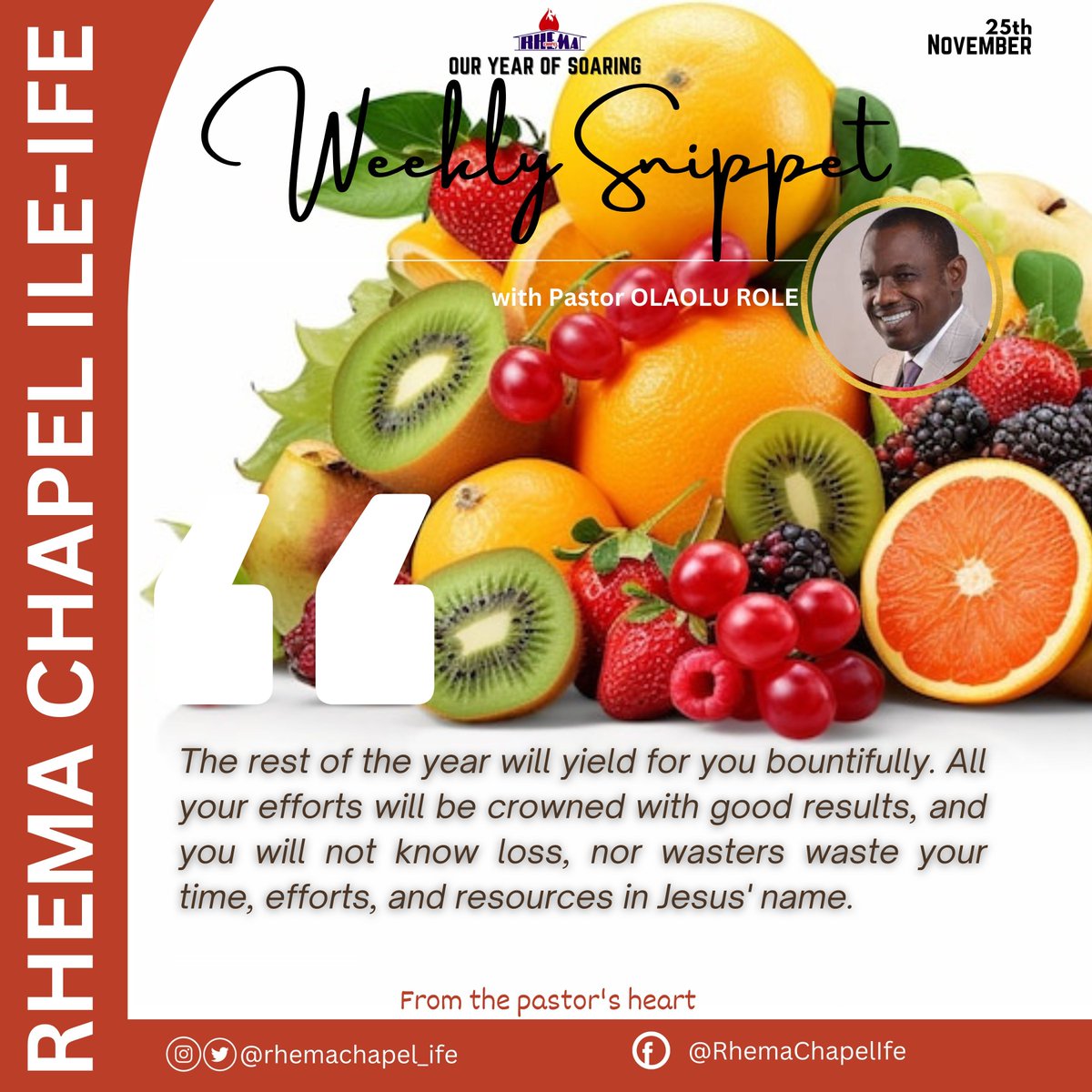 RhemaChapelxIfe's tweet photo. Welcome to the final week in November. As we wrap up the month, be expectant and ready to receive as God has promised to you. He will fulfill them.
Here is a declaration from the heart of Pastor Olaolu Role.
#RhemaIfe
#Soaring
#Emergence
#MondayMotivation
#WeeklySnippet https://t.co/DUIYSfiWb7