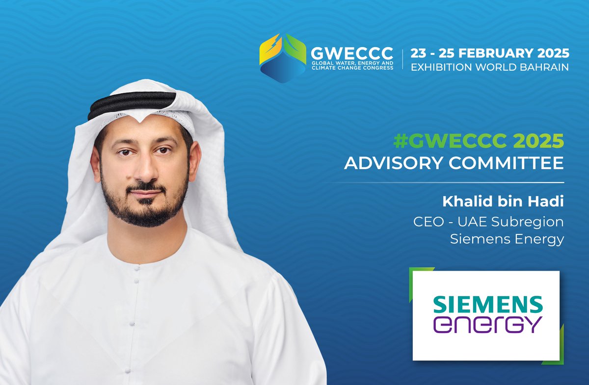 GWECCC (@gweccc) on Twitter photo We are pleased to welcome Khalid bin Hadi, CEO - UAE Subregion, <a href="/Siemens_Energy/">Siemens Energy</a> to the Advisory Committee for the #GWECCC2025.
With his profound insights and extensive leadership experience, Khalid bin Hadi will contribute significantly to fostering innovative solutions and We are pleased to welcome Khalid bin Hadi, CEO - UAE Subregion, <a href="/Siemens_Energy/">Siemens Energy</a> to the Advisory Committee for the #GWECCC2025.
With his profound insights and extensive leadership experience, Khalid bin Hadi will contribute significantly to fostering innovative solutions and
