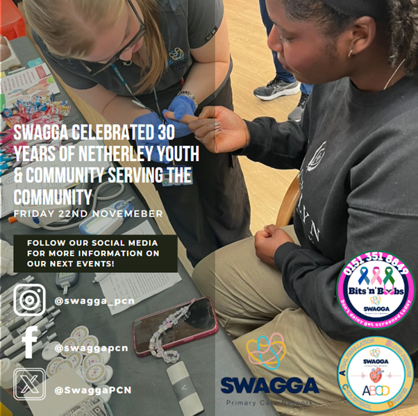 SwaggaPcn's tweet photo. On Friday 22nd November, the SWAGGA team supported Netherley Youth &amp; Community Initiative celebrate 30 years of serving in the community 🎉
Day of fun, advice and useful information!
#swaggapcn #netherley #healthcheck #healthawareness https://t.co/AOq3T55MDY