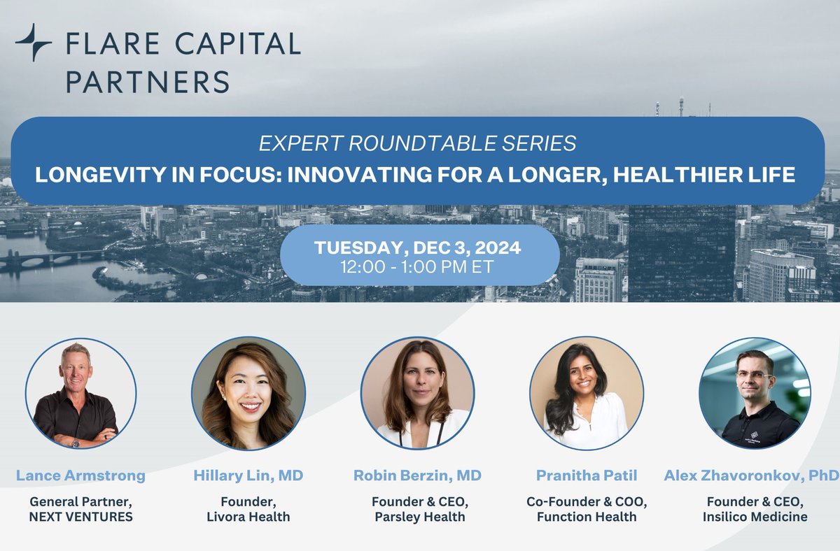 New longevity speaker announcements! 

Join <a href="/FlareCapital/">Flare Capital</a> on Tuesday, 12/3 at 12:00 PM ET as we discuss "Longevity in Focus: Innovating for a Longer, Healthier Life"  

🌟Register here: events.zoom.us/ev/AggxhrRMVz7…