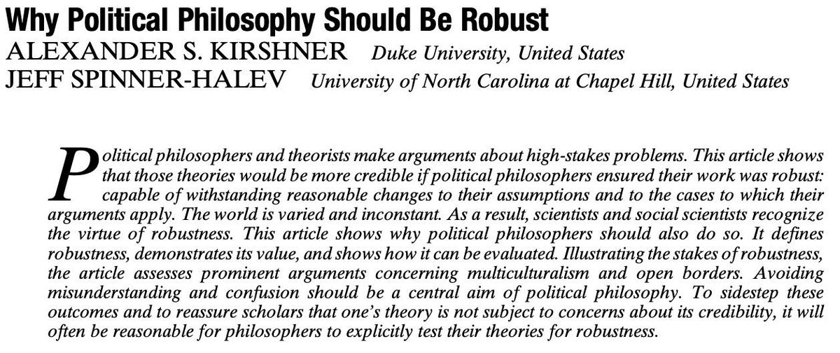 From our new issue: "Why Political Philosophy Should Be Robust" by Alexander Kirshner and Jeff Spinner-Halev. #ASPRNewIssue cambridge.org/core/journals/…
