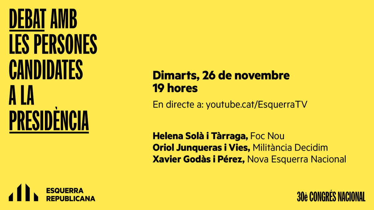 📢Segueix en directe el debat dels candidats i candidates a la presidència d'<a href="/Esquerra_ERC/">Esquerra Republicana</a>, <a href="/helenasola/">Helena Solà i Tàrraga</a>, <a href="/junqueras/">Oriol Junqueras 🎗️</a> i <a href="/XavierGodas/">Xavier Godàs</a>

🗓️ Dimarts, 26 de novembre 
⏰ A les 19h 
📲 youtube.com/c/EsquerraTV