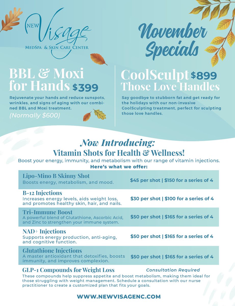 NewVisage's tweet photo. Time’s running out to grab our November specials!

Whether you're ready to rejuvenate your hands, sculpt those love handles, or boost your health with our new vitamin shots, we have the perfect treatments for you. ✨ https://t.co/zDAHahhJjH