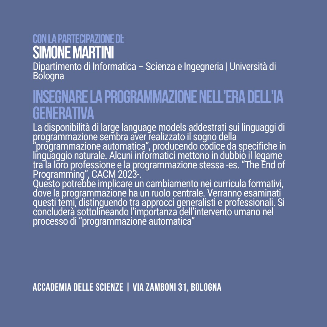 Oggi in Accademia abbiamo ospitato il convegno “La programmazione nell’era dell’IA generativa”

🔗 Ve lo siete persi? Ritrovi tutti nel nostro #Podcast e su #YouTube 

🔔 Seguici per rimanere sempre aggiornato sulla nostra proposta culturale
