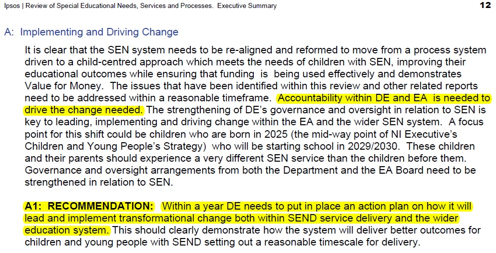 <a href="/Education_NI/">Education NI</a> Your own Independent Review of SEN demanded: 'Within a year DE needs to put in place an action plan' for SEN reform.

19 months later - NO PLAN, NO TIMELINE, just endless meetings.

Last week, DE officials could not provide even the most basic details to <a href="/NIACfEd/">Northern Ireland Assembly Committee for Education</a>