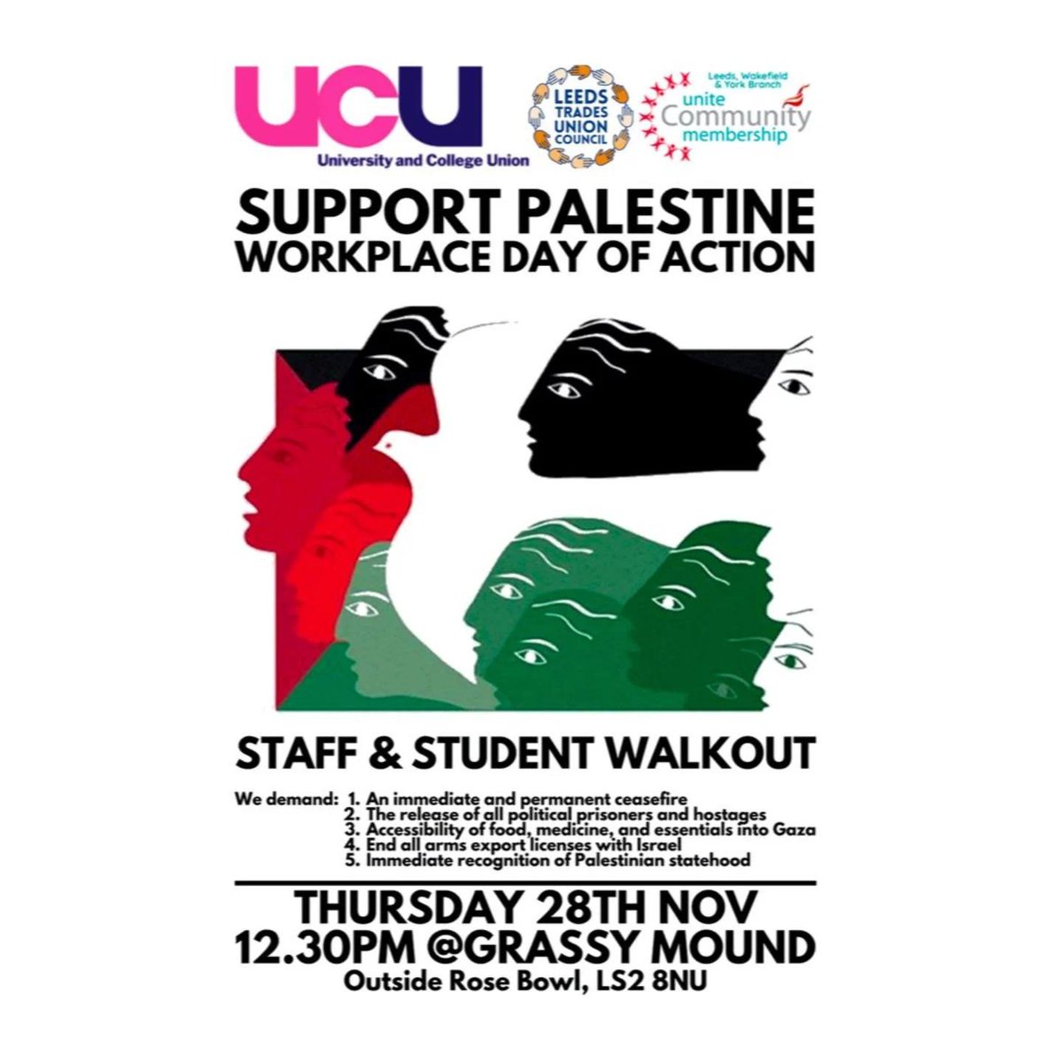 unitecomleeds's tweet photo. Staff-student University walk-out in #Leeds for the #WorkplaceDayofAction
🗓️28.11.24
⏰12.30-13.30
📌Grass by Rose Bowl, near Portland Pl & Portland Cres, Leeds Beckett Uni, LS2 8NU
Backers incl. #UCU @TUCLeeds & us
All #solidarity welcome 🇵🇸
#Workplaces4Palestine #WDoA https://t.co/5og2AvYBiv