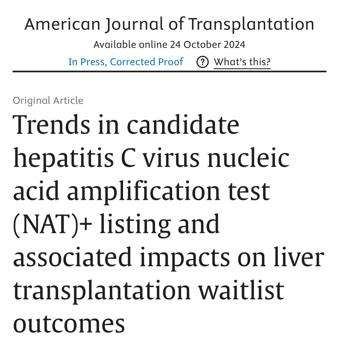 PennSurgery (@pennsurgery) on Twitter photo Researchers <a href="/PennMedicine/">Penn Medicine</a>, including transplant surgeon Dr Peter Abt, demonstrate a significant reduction in wait list mortality among liver transplant candidates willing to accept HCV NAT+ donors.
sciencedirect.com/science/articl… Researchers <a href="/PennMedicine/">Penn Medicine</a>, including transplant surgeon Dr Peter Abt, demonstrate a significant reduction in wait list mortality among liver transplant candidates willing to accept HCV NAT+ donors.
sciencedirect.com/science/articl…