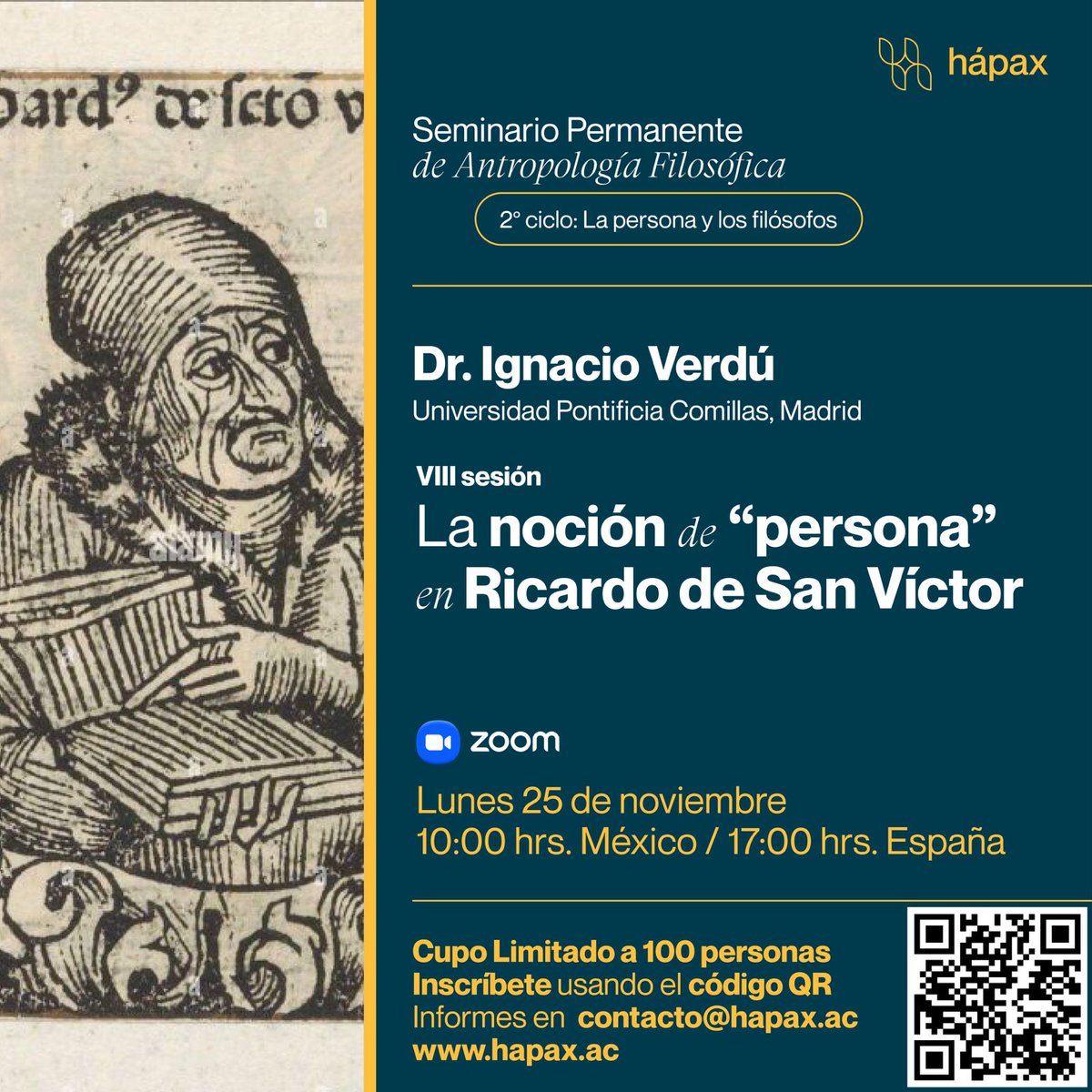 hapaxinstitute's tweet photo. 📢 Seminario Permanente de Antropología Filosófica
📚 "La noción de 'persona' en Ricardo de San Victor"
🎤 Dr. Ignacio Verdú (Universidad Pontificia Comillas)
🗓️ Lun. 25 nov. | ⏰ 10:00 🇲🇽 / 17:00 🇪🇸
📍 Vía Zoom | 🎟️ Cupo limitado
Regístrate aquí 👉 https://t.co/1CmsD5nkpN https://t.co/xyTVuKkpcR