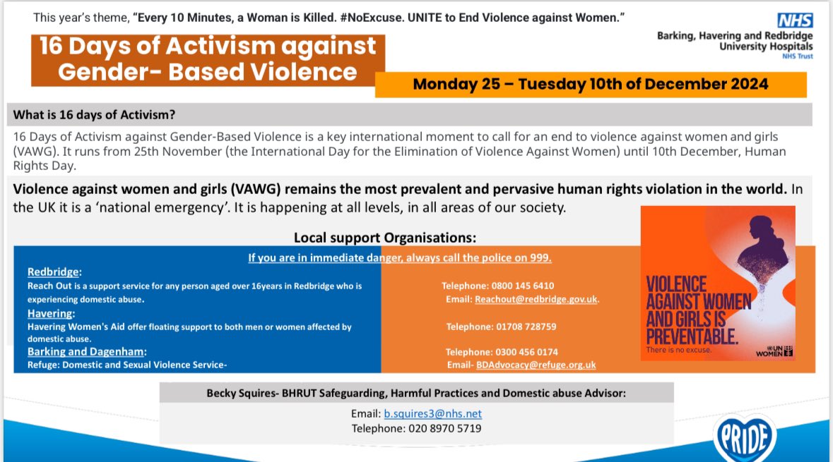 Today marks 16 Days of Activism against Gender Based Violence 

Join us next week where we will be holding stalls at both Queens and King George discussing Domestic Abuse and where you can seek support. Days to be confirmed.