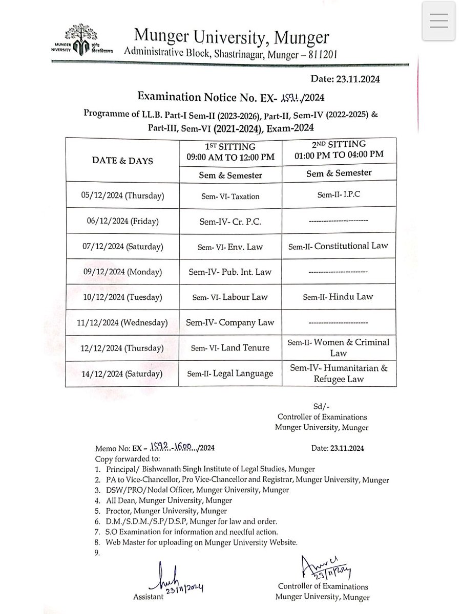 MungerUpdate's tweet photo. Munger University LLB Sem1 Exam #Munger #LLBPart1 #LLB2023-26Exam #LLBSem4Exam #Munger #ExamCentre https://t.co/Pakxuk2o52