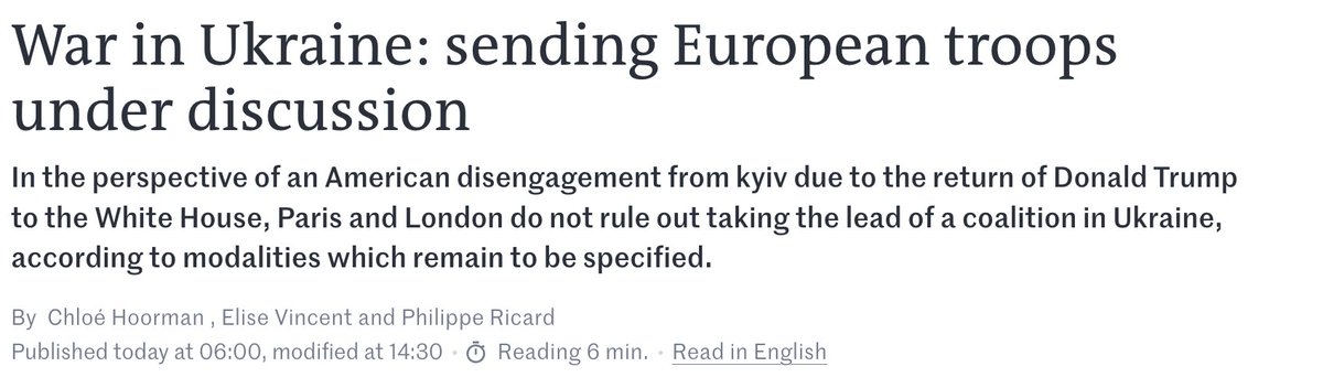 NEW: UK and France could send troops to Ukraine amid the possibility of a US disengagement from Kyiv following the election of Trump, sources tell Le Monde 

lemonde.fr/international/…