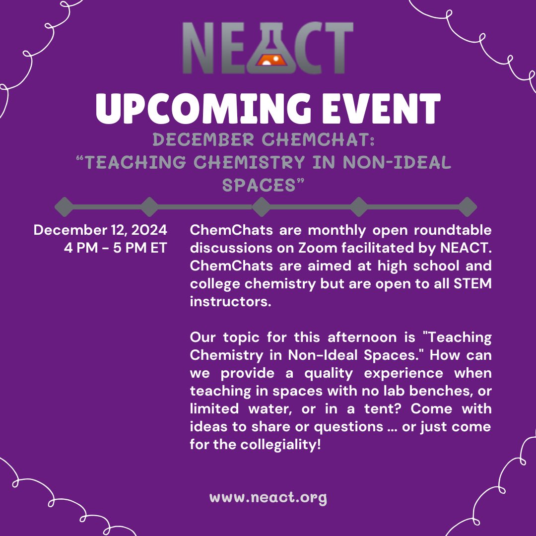 NEChemTeachers's tweet photo. Join #NEACT for our December installment of the #ChemChat series. We will be pondering how to teach chemistry in non-ideal circumstances. You do not have to be a NEACT member to attend! Find more information at https://t.co/1L1wovF1KX. #teaching #chemistry https://t.co/nXOQ3BLgbc