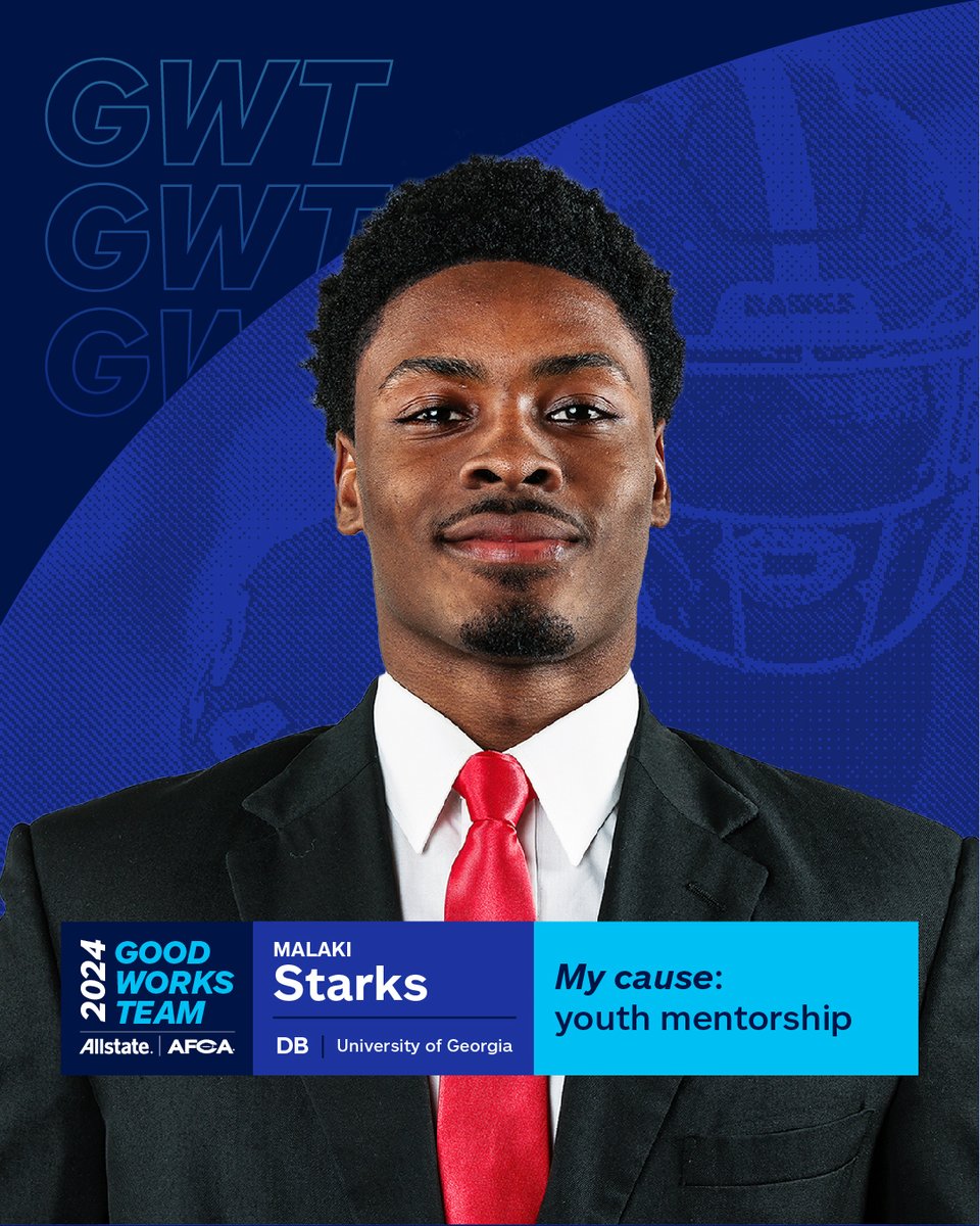 WuerffelTrophy's tweet photo. Allstate Wuerffel Trophy Semifinalist- Malaki Starks 🏆

Congrats to our Allstate Wuerffel Trophy semifinalist from @georgiafootball , @starks_malaki ! Malaki has dedicated himself as a mentor for youth through hosting camps and visiting local organizations such as @BGCA_Clubs . https://t.co/AcyVjDPSon