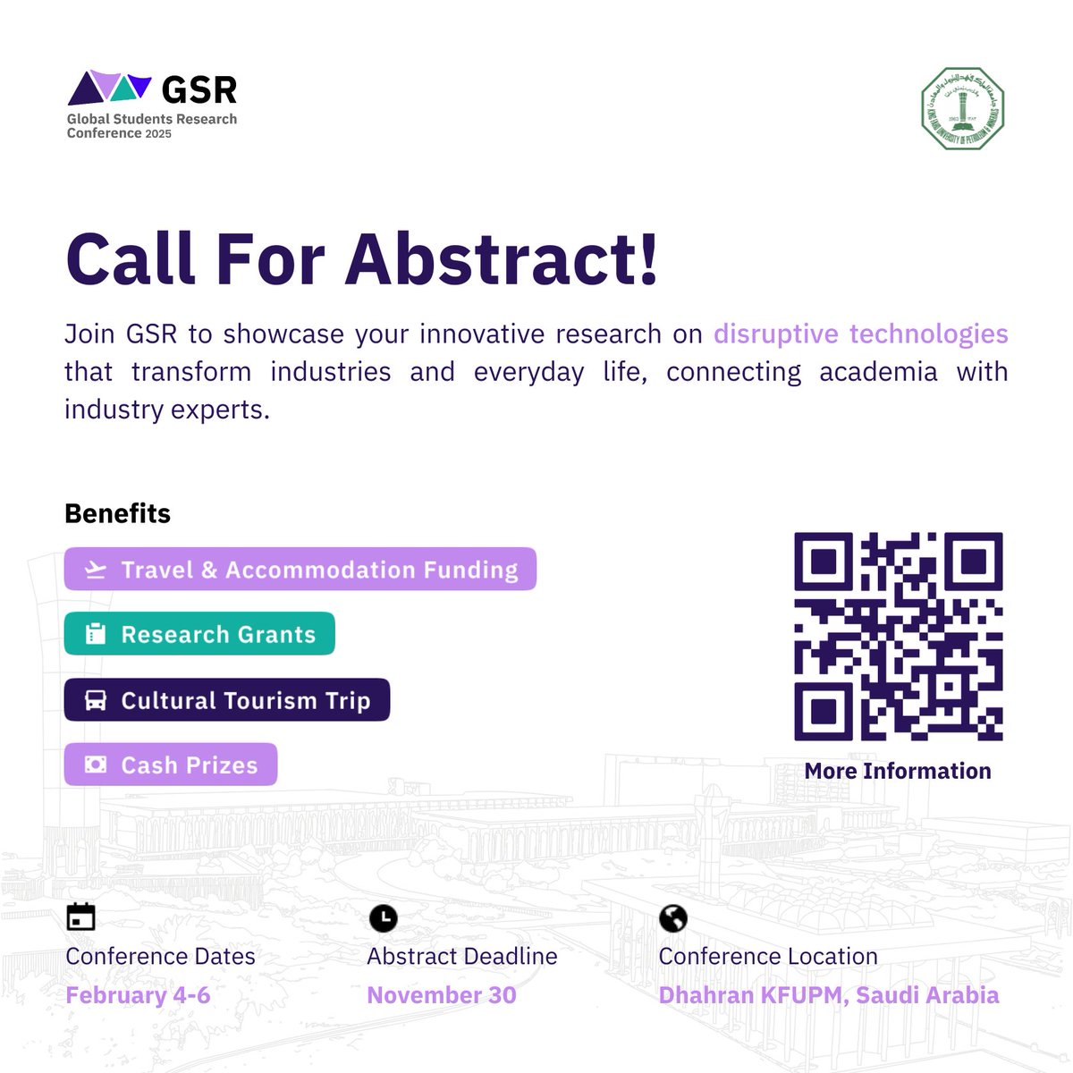 Deadline is just around the corner!

Time is running out to register and submit your abstract for the Global Student Research Conference! 
Don’t miss this opportunity to showcase your research and connect with peers worldwide.

Submit your abstract here: gsr.kfupm.org/abstract/