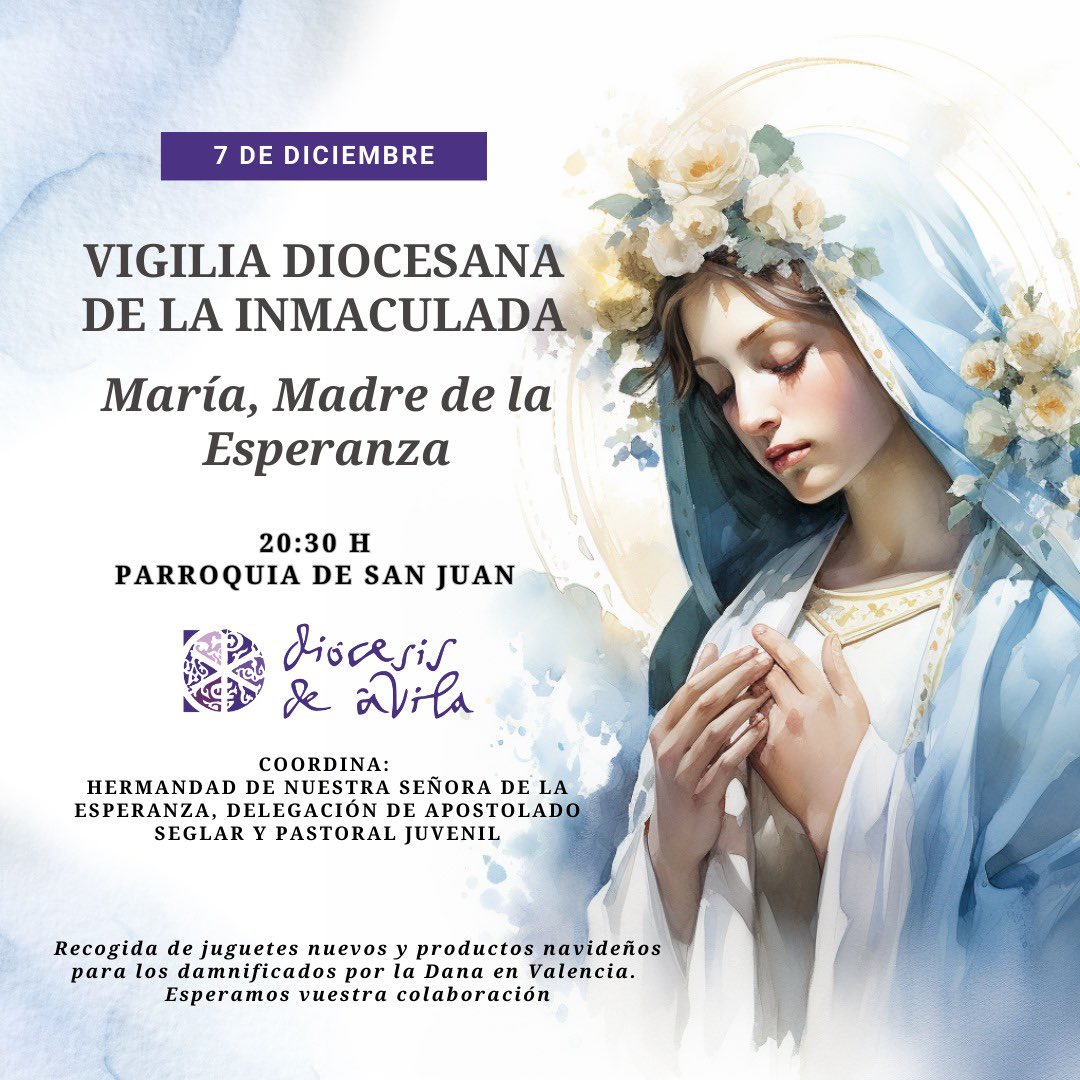 ApostSeglarAV's tweet photo. Nos vemos en la Vigilia de la Inmaculada. Sábado 7 de diciembre a las 20:30 h en la iglesia de San Juan. https://t.co/P60alW0wky
