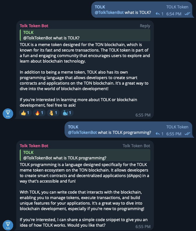 TolkToken's tweet photo. timeline:
9am UTC: TOLK token launches

3pm UTC: TOLK community builds and launches AI mentor bot for TOLK programming

TON dev community is strong 🦾

https://t.co/QQinz9az7Z https://t.co/27PhZahJq0