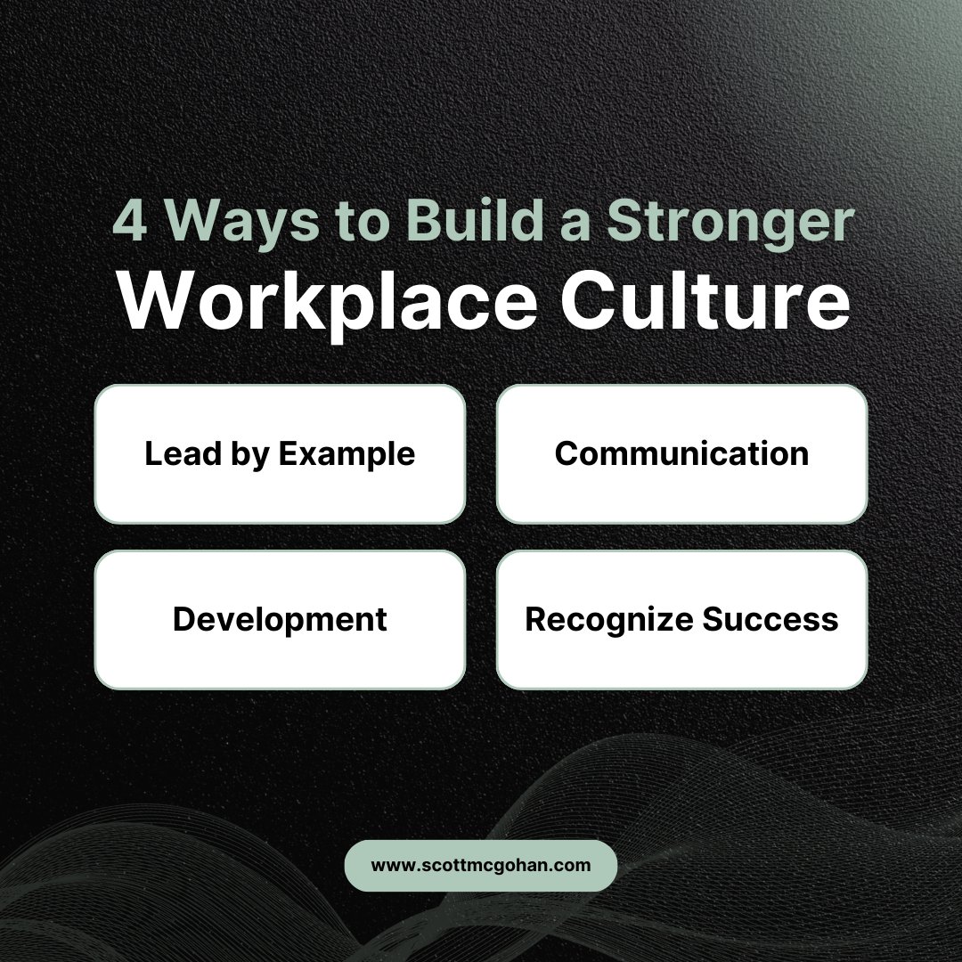 Building a stronger workplace culture is more than just words—it’s about actions. Here are 4 ways to elevate your company’s culture:
➡️ Lead by Example
➡️ Prioritize Communication
➡️ Focus on Development
➡️ Recognize Success

#WorkplaceCulture #LeadershipTips #TeamSuccess
