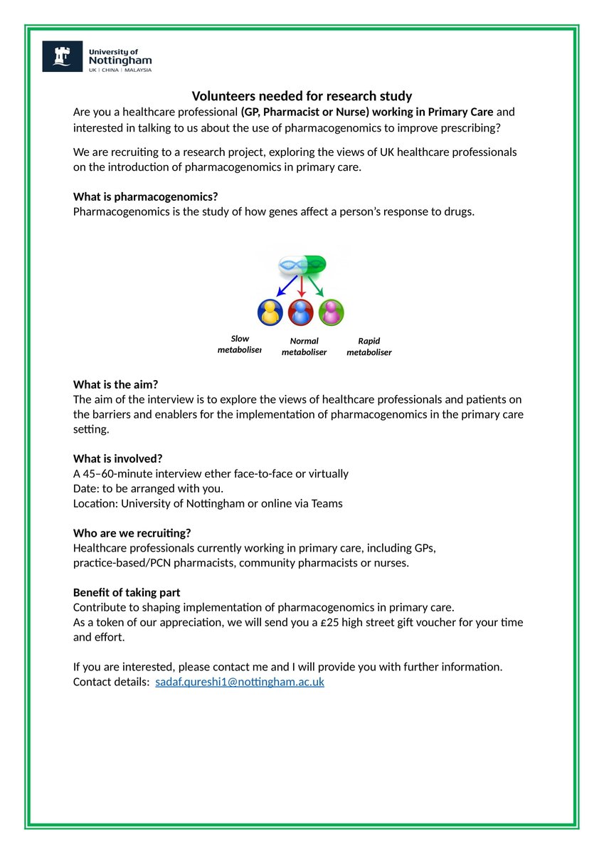 squreshi (@sadqur20) on Twitter photo I am looking for participants for my #pharmacogenomics study
Are you a primary care healthcare professional working in the UK including
🧬GP,
🧬PCN Pharmacist,
🧬Community pharmacist,
🧬Nurse
please contact me at: sadaf.qureshi1@nottingham.ac.uk
see advert below I am looking for participants for my #pharmacogenomics study
Are you a primary care healthcare professional working in the UK including
🧬GP,
🧬PCN Pharmacist,
🧬Community pharmacist,
🧬Nurse
please contact me at: sadaf.qureshi1@nottingham.ac.uk
see advert below