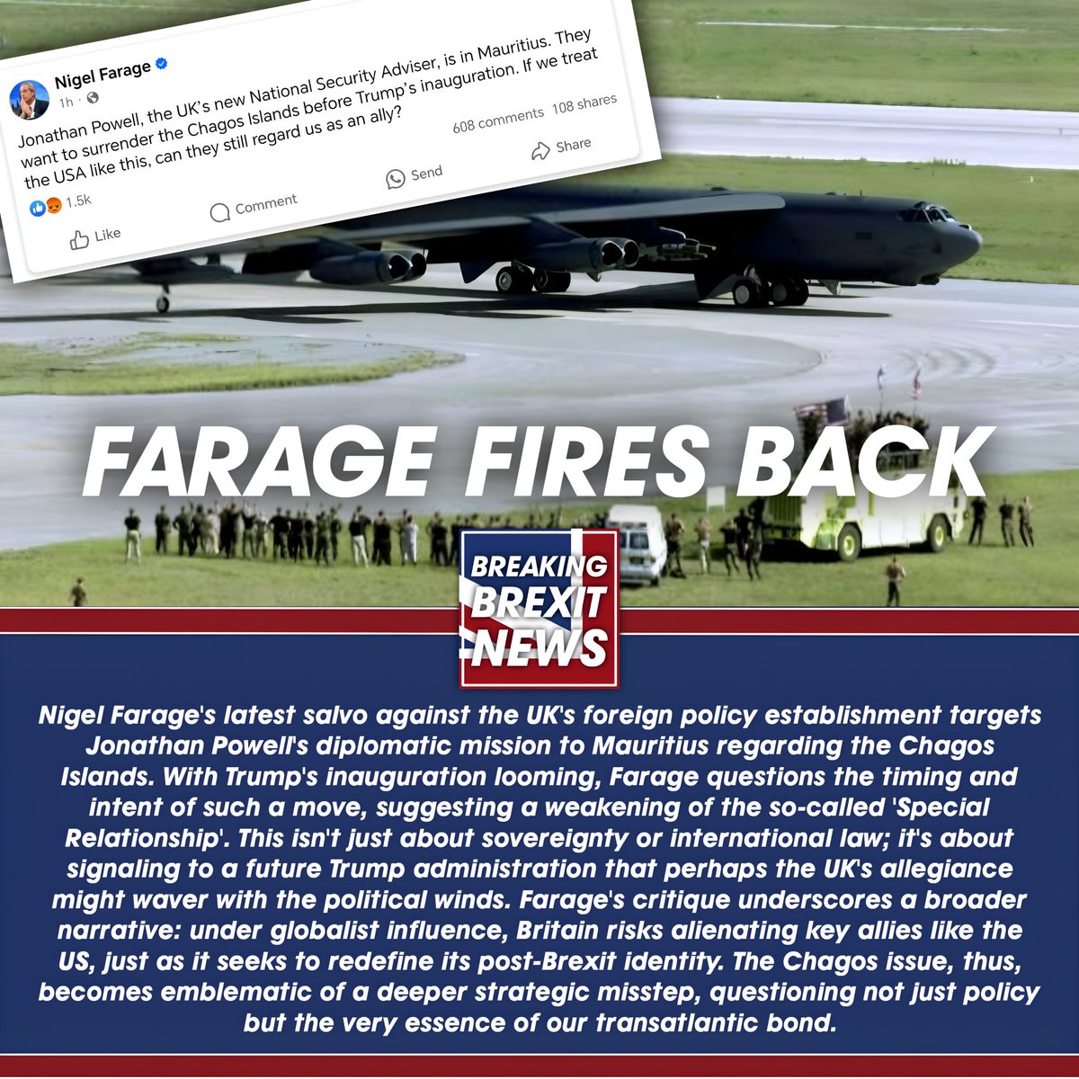 ReformNewsUK's tweet photo. ￼ Farage Slams UK's Chagos Move: Betrayal Before Biden's Exit? #ChagosBetrayal #UKUSRelations ￼ https://t.co/r8B7WETbvz