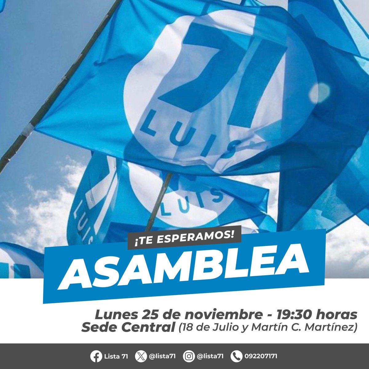 HOY nos reunimos en Asamblea para agradecer la militancia y el compromiso en esta campaña. Su esfuerzo y lealtad nos inspiran.

Inicia un nuevo tiempo de trabajo, con la misma energía, dedicación y vocación de servicio que nos caracteriza

¡La 7️⃣1️⃣ más blanca y celeste que nunca!