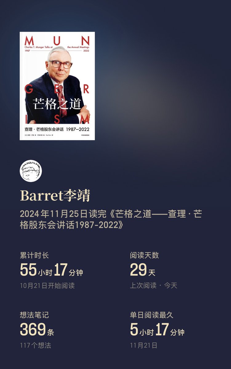 Barret_China's tweet photo. 花了 55 个小时精读完了《芒格之道》，从 1987 年一直追到 2022 年，聆听芒格老爷子在西科和每日期刊两家公司每一期的年报分享和粉丝问答。

这本书前半部分涉及较多金融名词，好在近期刚读过《香帅金融学讲义》和《手把手教你读财报》，算是趁热打铁了。阅读过程中，依然是左手拿书，右手端着 ChatGPT，不停地提问，巩固了不少金融学概念。

这本书反反复复强调了一些简单的道理，不做空、不借钱、不懂不碰，永远去做自己能力圈以内的事情。后半部分讲了大量做人的道理，印象最深刻的是，老爷子说他保持幸福的秘诀，1）降低自己的预期，总是抱有不切实际的预期，注定一生痛苦；2）身处逆境的时候，要有一股咬紧牙关、埋头苦干的拼劲，怨天尤人、牢骚不断，只能越来越苦、越来越难。

这本书可圈可点的地方实在是太多了，非常推荐阅读！