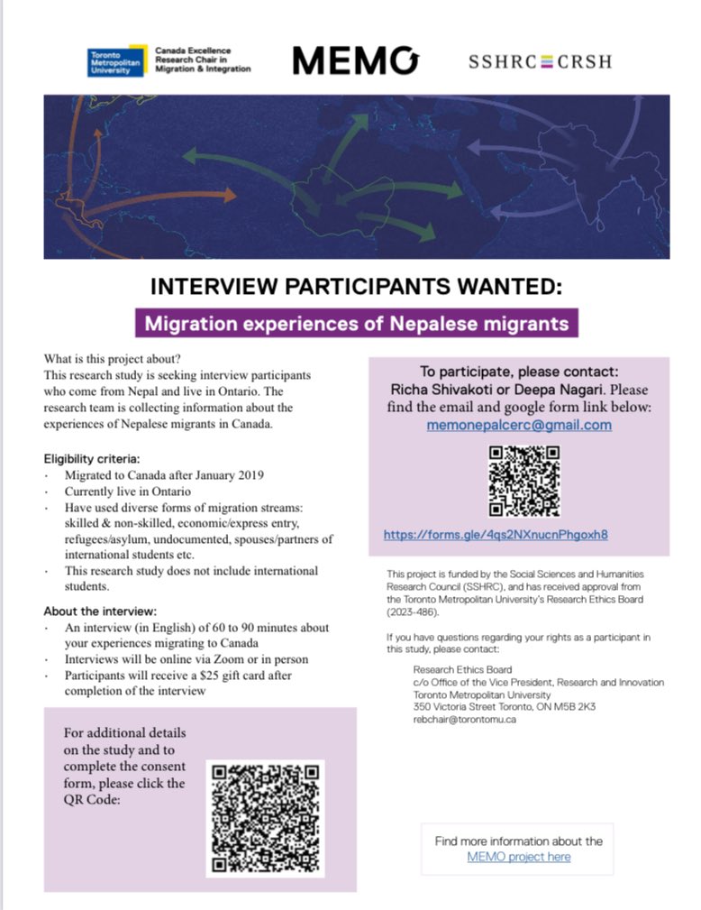 We are still looking to interview participants who come from #Nepal and are living anywhere in #Ontario Please see details below and contact us to participate in this research. Share and forward to contacts.🇳🇵🇨🇦 <a href="/cercmigration/">CERC Migration</a>