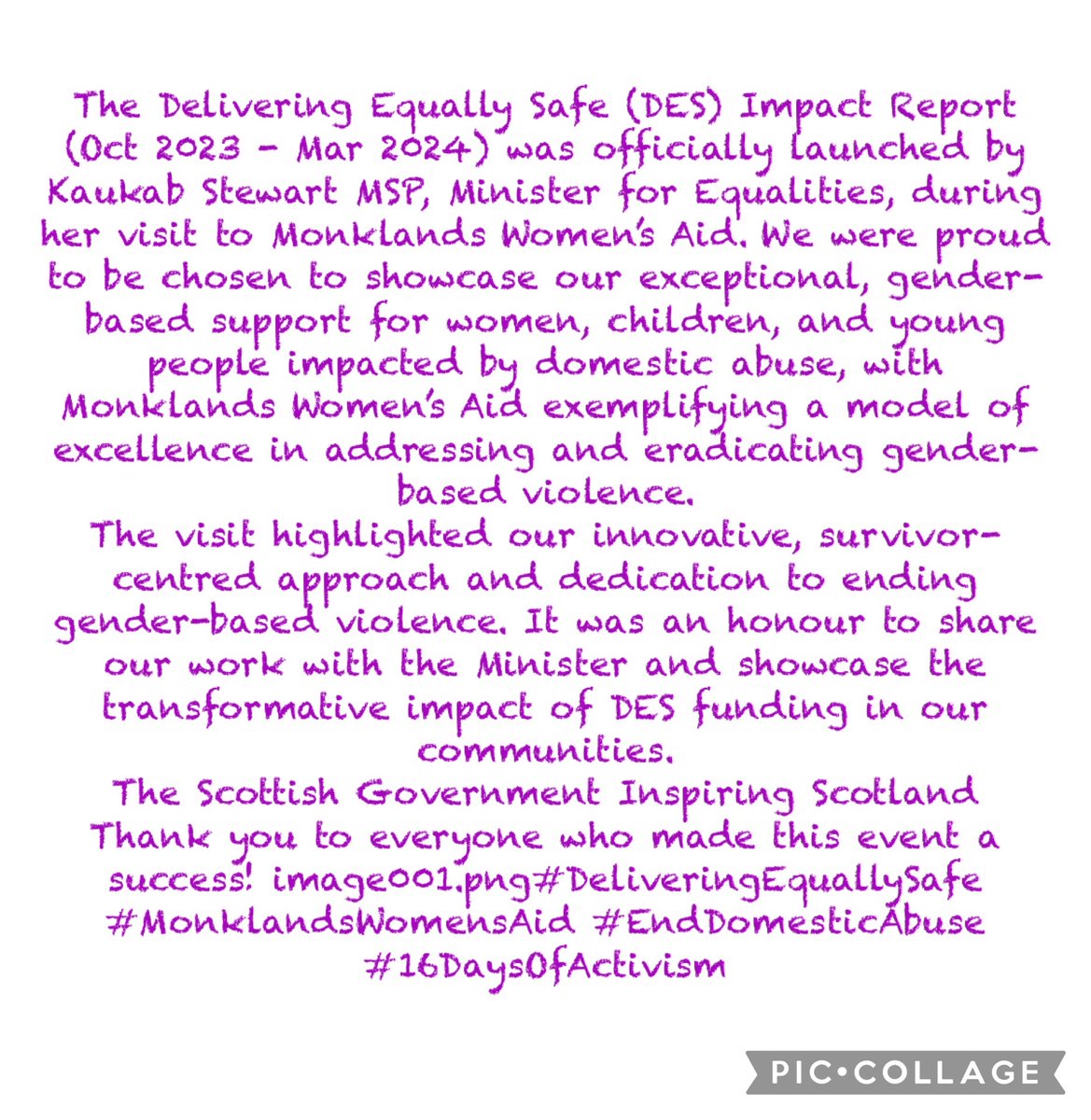 MonklandsWA's tweet photo. Today the DES Impact Report (Oct 2023 - Mar 2024) was launched by @kaukabstewart MSP during her visit to Monklands WA.We were proud to be chosen to showcase our gender-based support, exemplifying a model of excellence in addressing and eradicating GBV.
#16DaysOfActivism https://t.co/xfM3VRyWSB