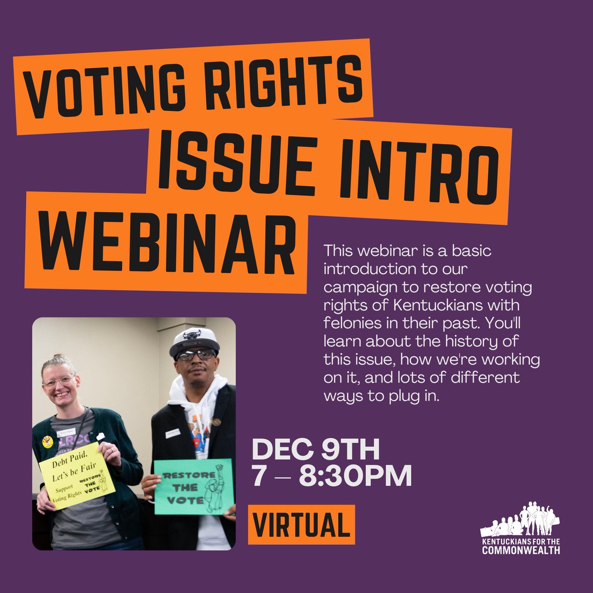 kftc's tweet photo. 🗳️ Join us on Dec 9th from 7-8:30 PM for a vital webinar on restoring voting rights to Kentuckians with felonies in their past! Discover the history, campaign efforts, and how YOU can make an impact. Sign up 👉 https://t.co/s6auk5P3Sr https://t.co/grxMVk267K