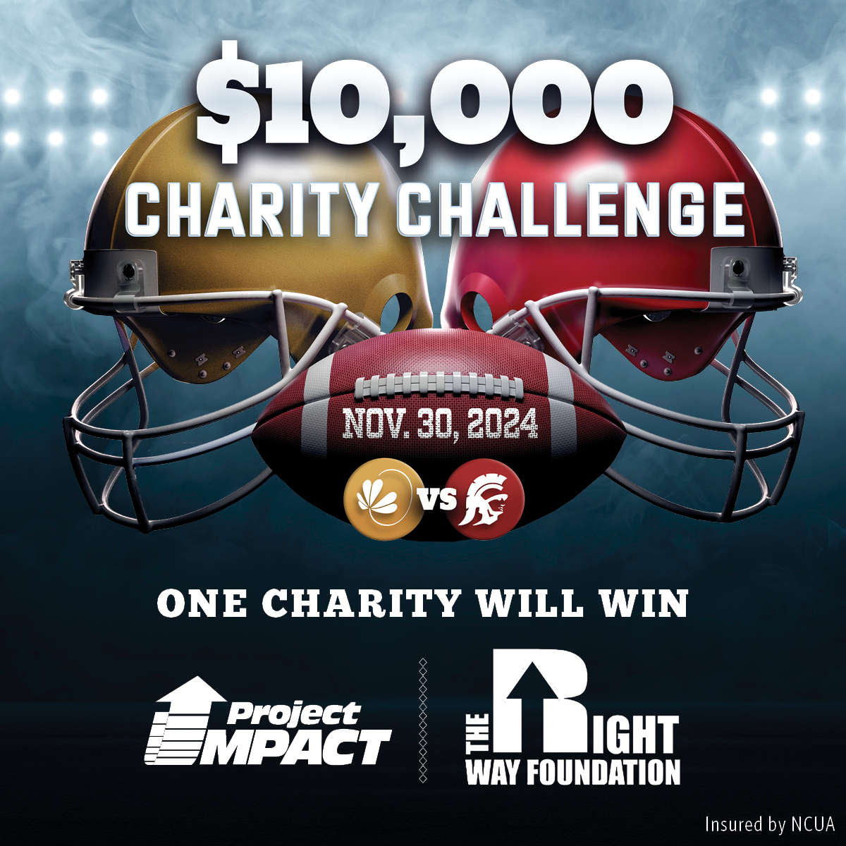 TweetNDFCU's tweet photo. The Charity Challenge is back! We partnered with USC Credit Union to donate a total of $10,000 to the winning credit union's charity of choice! 

Who do you think is going to win? #BeatUSC https://t.co/n8vkh3om5p