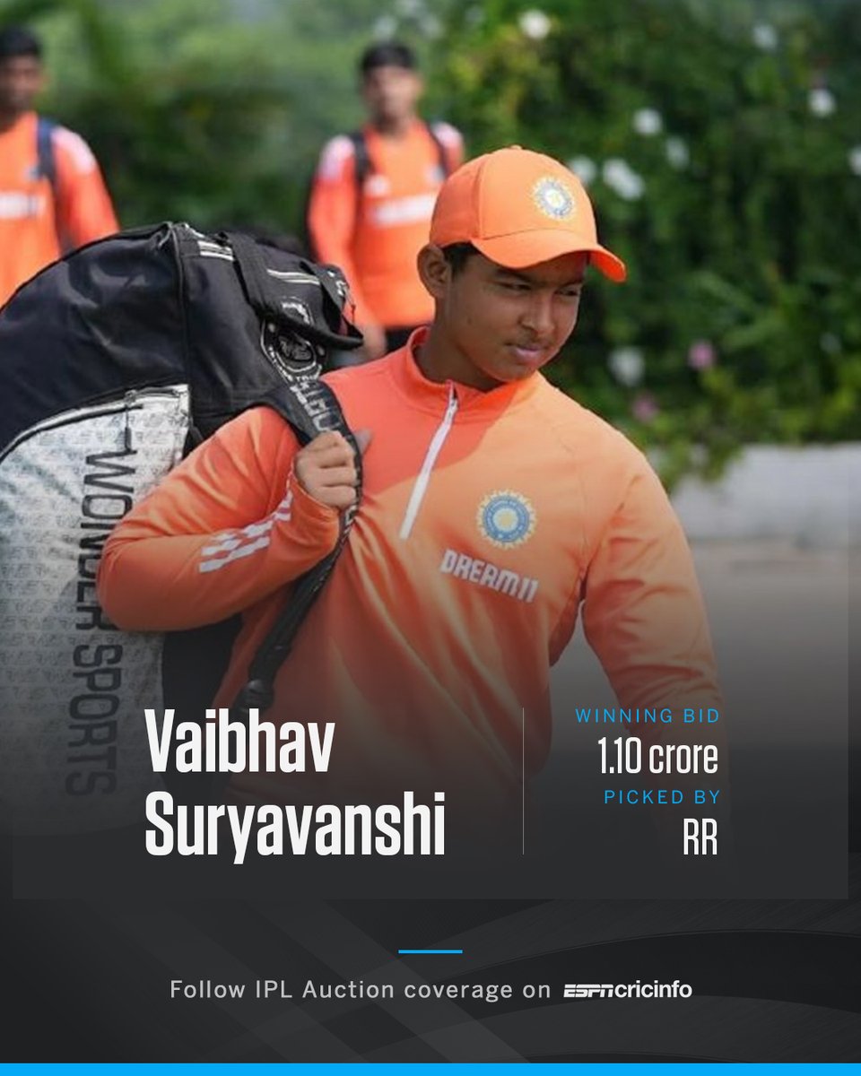 ESPNcricinfo's tweet photo. An IPL deal at the age of 13 🤯 

What a moment for Vaibhav Suryavanshi https://t.co/jbRwN2azqE #IPLAuction https://t.co/BV5sXxtstN